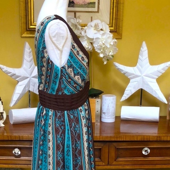 Sandra Darren Floral Brown & Aqua Boho Sleeveless V Neck Cocktail Party Dress 12 - Picture 7 of 16